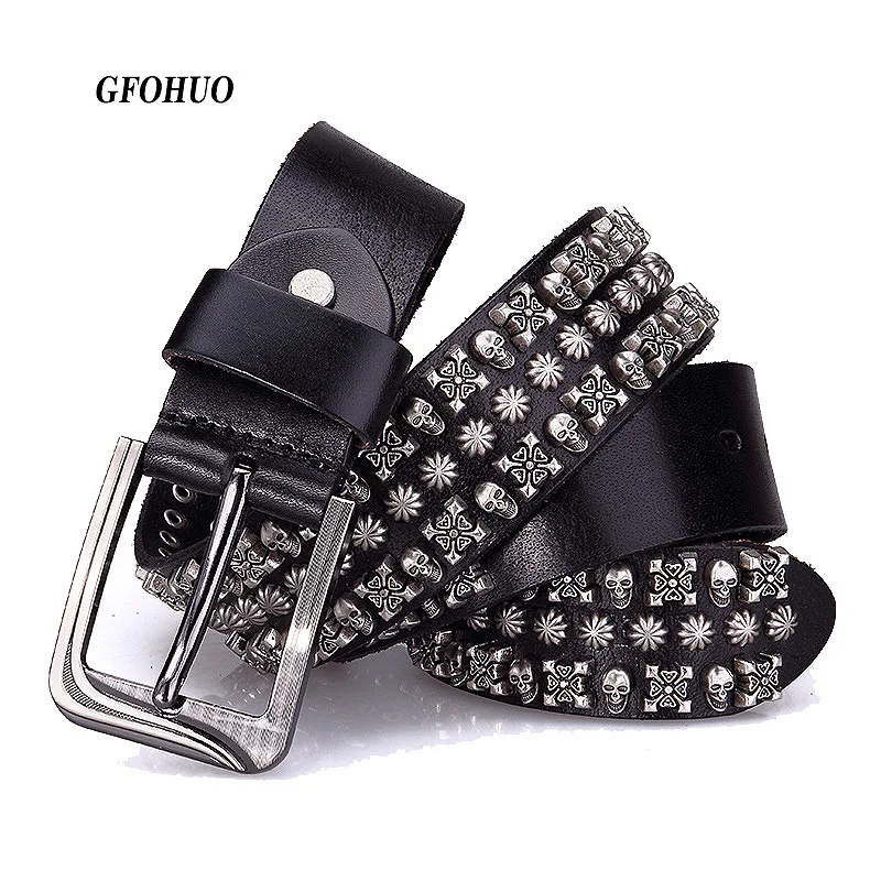 

Punk Rock Belts Geometry Pattern for Men Male Rivet Studded First Layer of Cowskin Hip Pop Decorative For Jeans