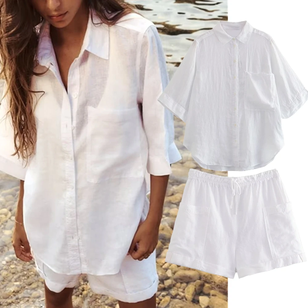 Withered 2024 Summer Japanese Fashion Simple White Color Loose Bermuda Shorts Pocket Loose Shirt Casual Suit Women