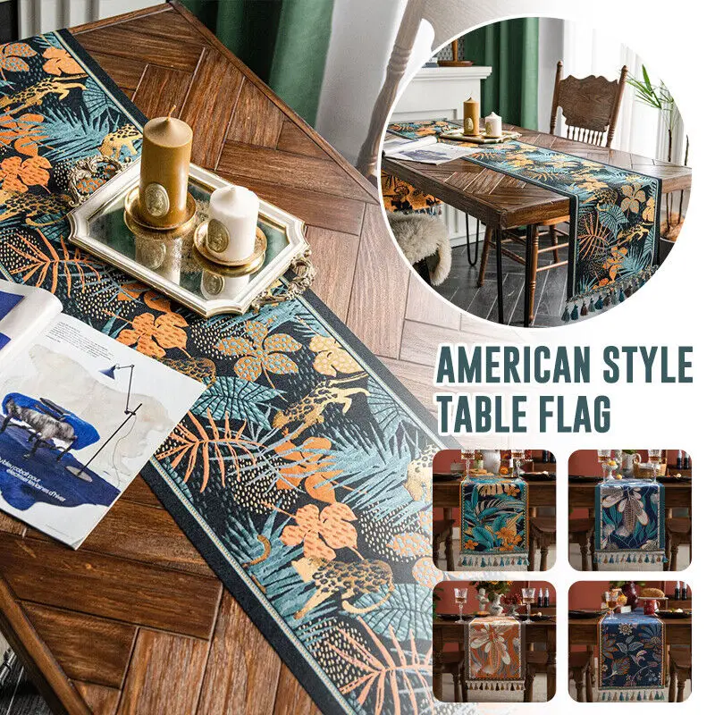 

35cm Boho Plants Printed Table Runner Dining Table Fabric Art Tea Table Bed Flag with Tassel Home Vintage Decoration Table Cloth