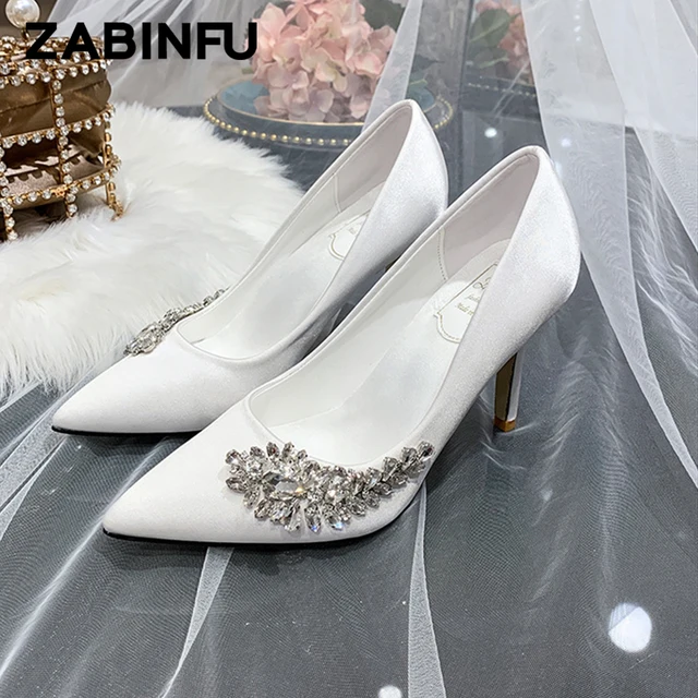 Luxury Rhinestone Silk Women High Heels Designer Crystal Flower Chain Pointed Toe Heels White Dress Shoes Wedding Shoes Bride 2