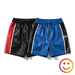 Embroidered Letter Drawstring Beach Shorts Men Women Color Matching Straps Eco-friendly Leather PU Quarter Shortpant