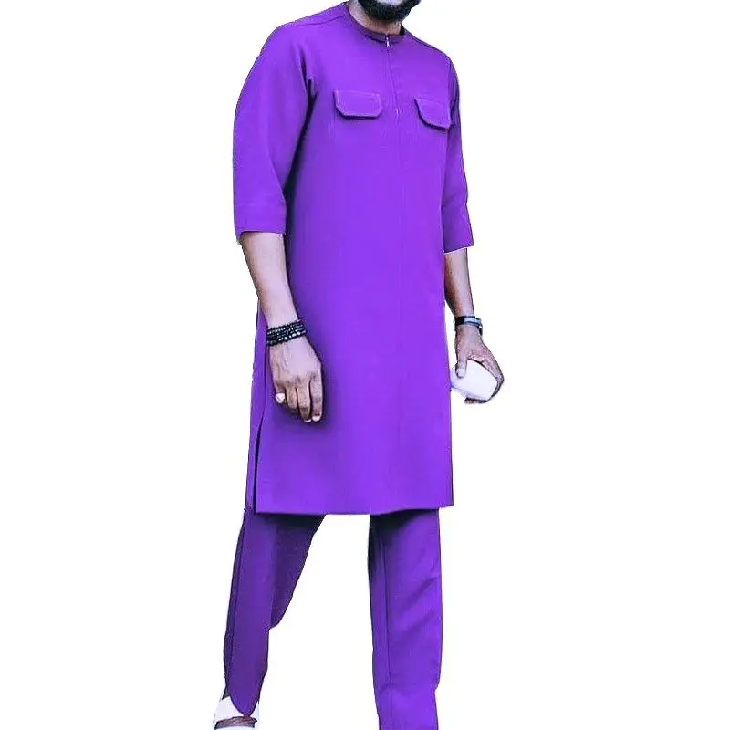 Violet  Men's Sets Nigerian Solid Purple Groom Suit Chest Pockets Decorated Shirts+Elastic Waist Trousers African Outfits kaftan suits for men wedding tuxedo men s suit solid collar single breasted pockets top jacket trousers ethnic casual 2pcs sets