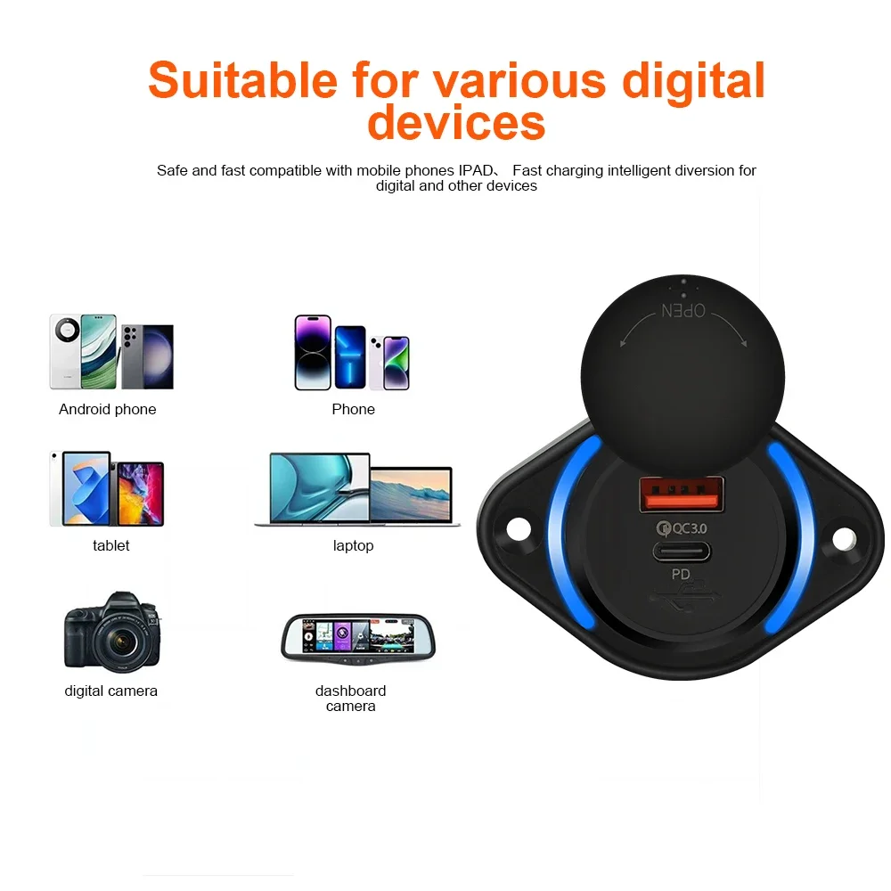 48W PD QC 3.0 차량용 충전기 소켓 슬라이딩 캡 포함 USB 타입-C 고속 충전기 전원 콘센트 차량용 보트 버스 RV용