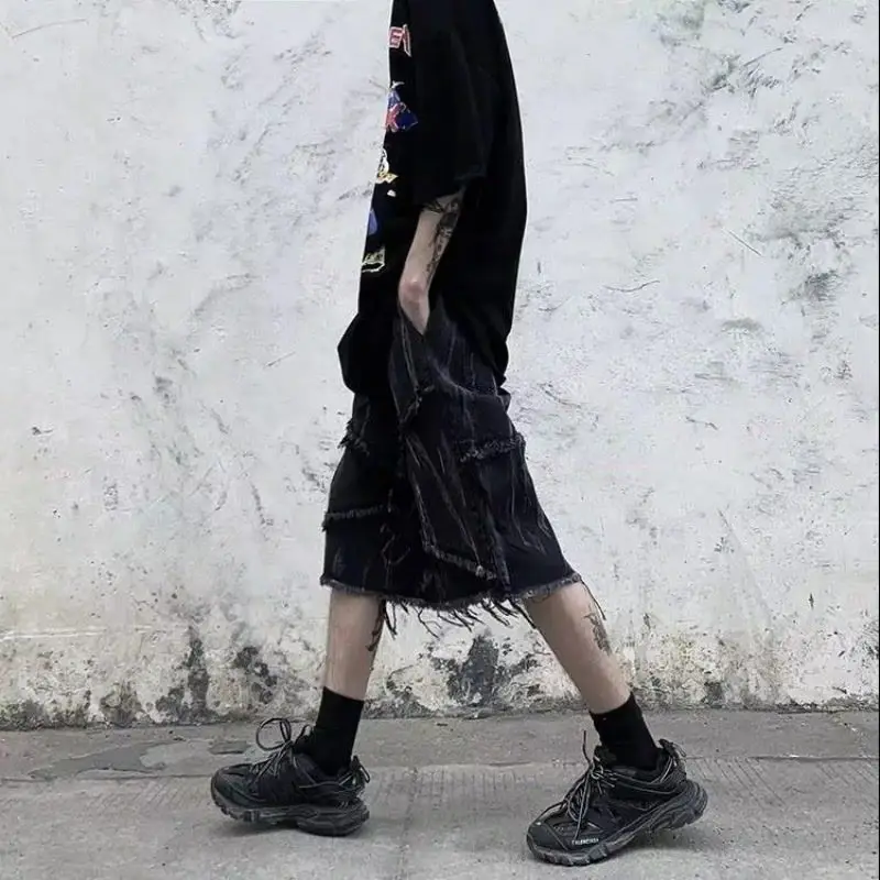 미국 원시 가장자리 데님 남성 반바지 여름 특대 캐주얼 느슨한 무릎 높이 어두운 자른 바지 streetwear 남성