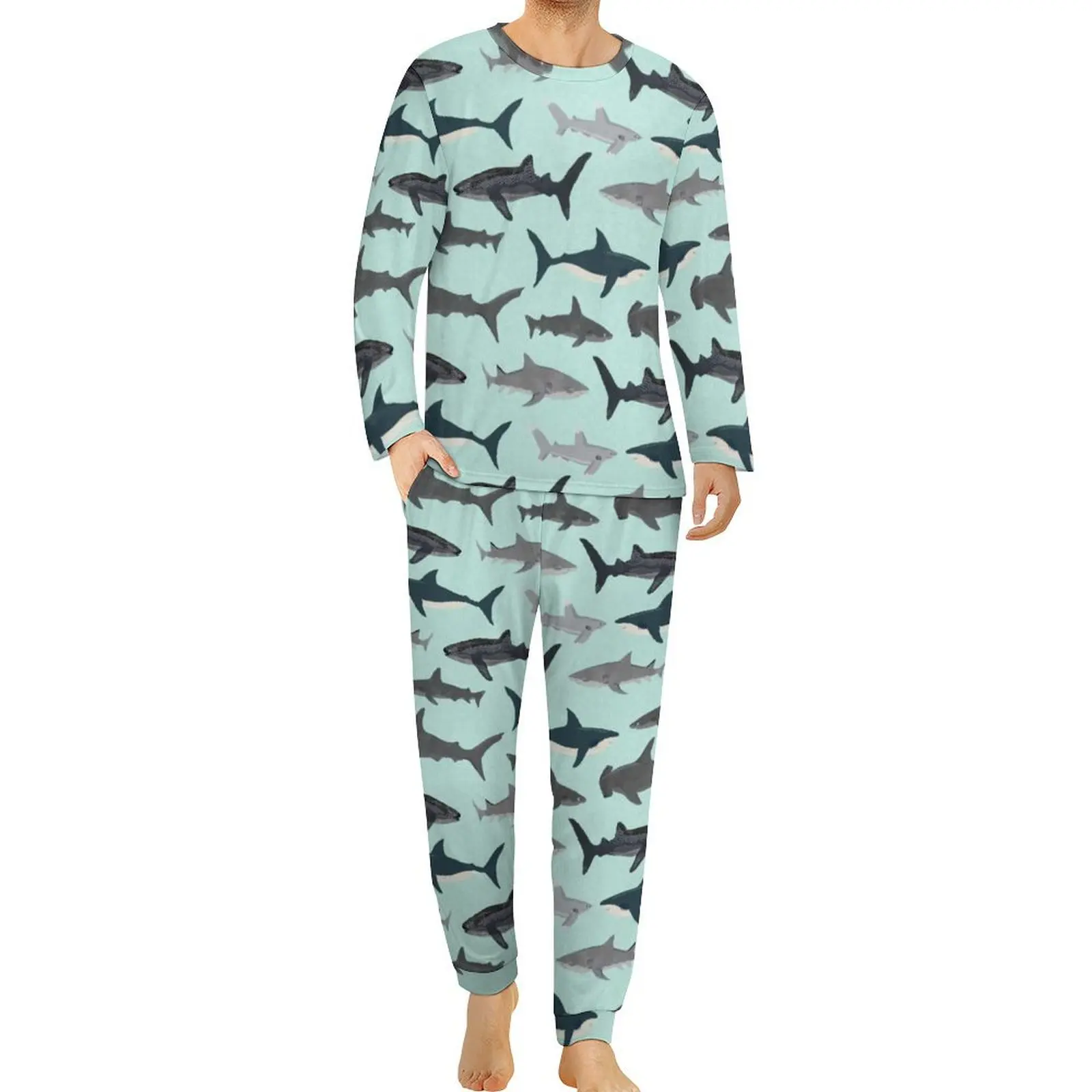 thumbnail image 1 of Pijama de tiburón divertido, conjunto de pijama de 2 piezas con estampado de vida marina de manga larga para hombre, ropa de dormir romántica de gran tamaño con gráficos de otoño, 1 of 5