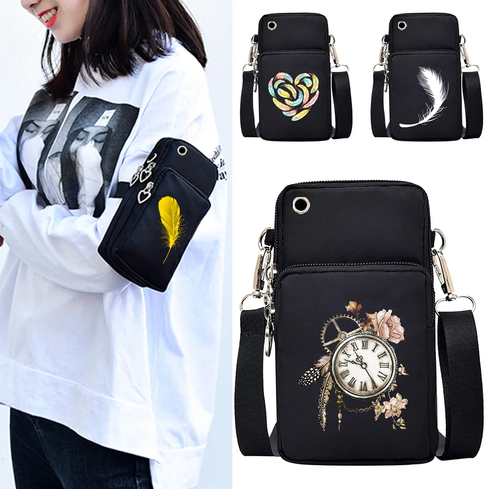 Mobile Phone Bag Women Wallet Storage Iphone Huawei Phone Pouch Feather Print Universal Messenger Shoulder Sports Wrist Package