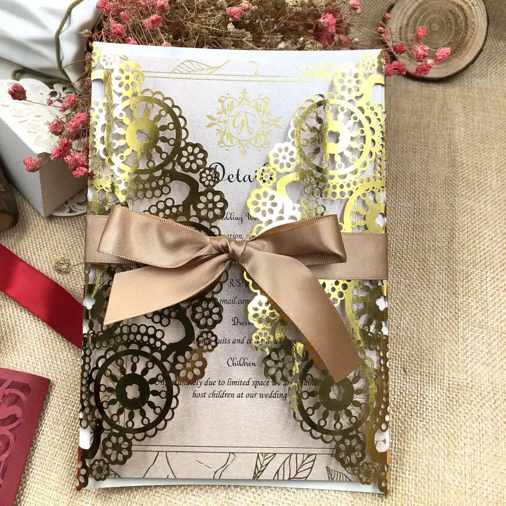 10pcs Gold Silver Rustic Embossing Gatefold Jacket Laser Cut Wedding Invitation Card Pocket Invite with Envelopes Ribbons Holder