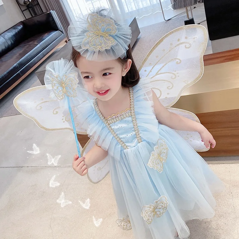 Girls Dress Princess Costume Kids Clothes Summer Girls Dress Butterfly Wings Lace Princess Dress Fashionable Birthday Party Children Kids Vacation Clothing