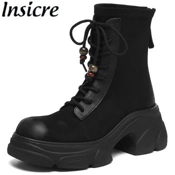 Insicre 2025 Fashion Women's Ankle Boots Lace Up Cross-Tied Thick High Heels Flock Handmade Winter Shoes Platform