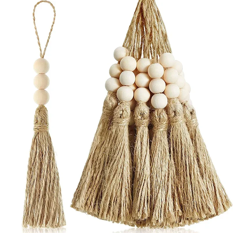 1/2/3 Pezzi Nappa Di Iuta Con 3 Perline Di Legno Nappe Di Corda Di Iuta Naturale Nappe Di Perline Per Artigianato Fai Da Te Nappe Home Wedding Party D