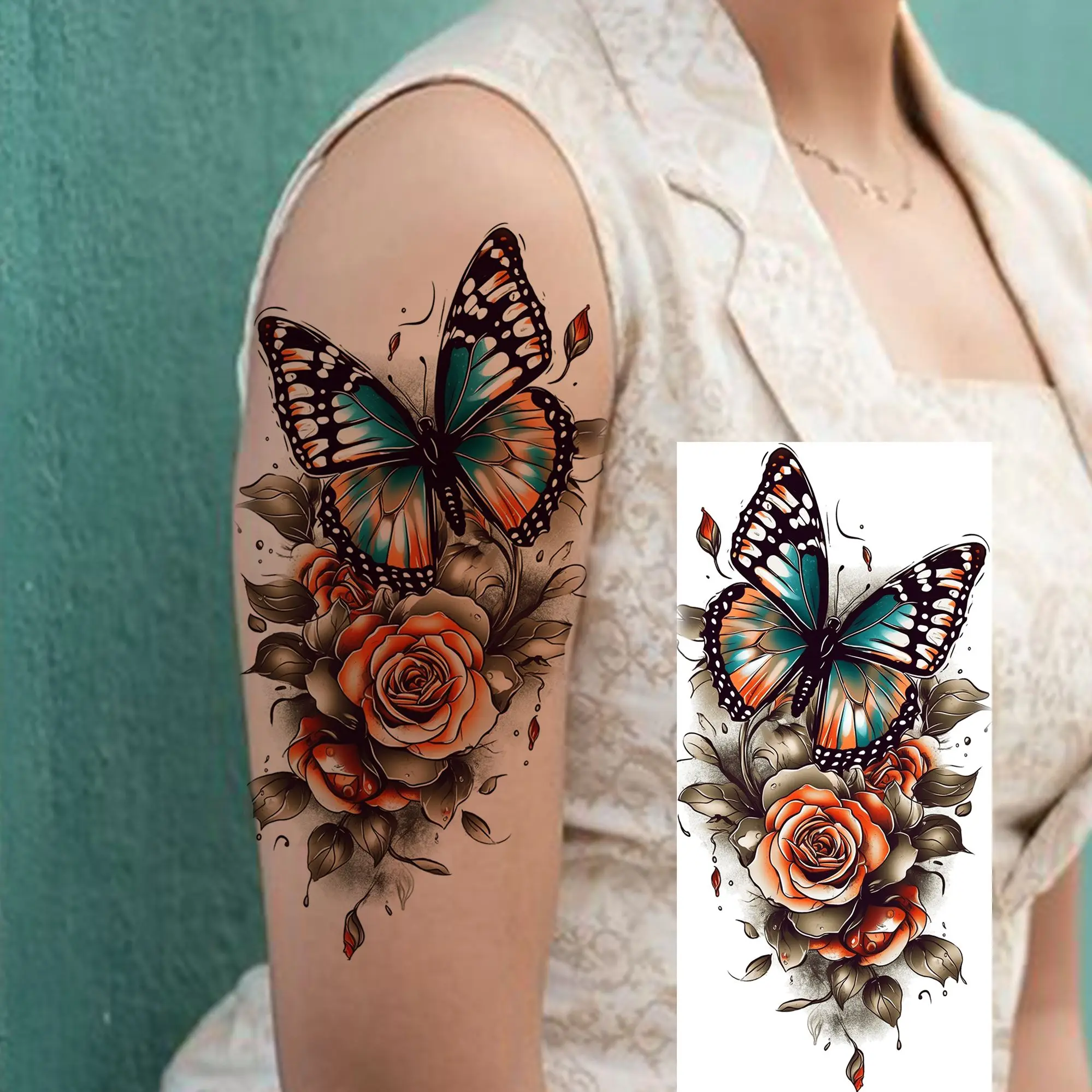 1-Blatt-Aquarell-Rosen-Schmetterlings-temporäre Tattoos für Frauen, realistische gefälschte Tattoos, wasserdichte Körperkunst-Tattoo-Aufkleber, langlebig – Detail 2
