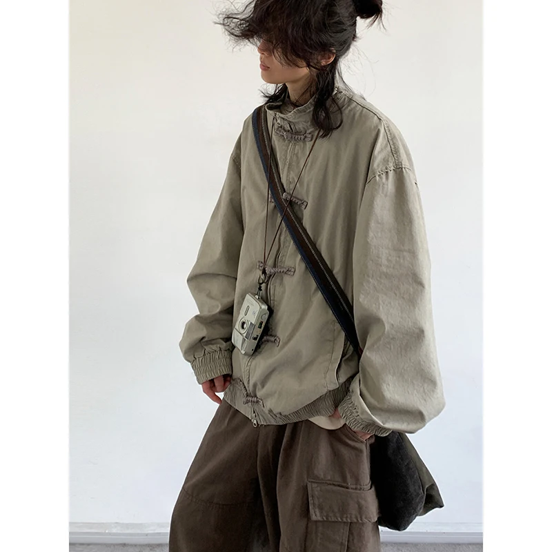 Stand-up Collar Jacket Men Women Chinese Retro Solid Color Loose Coat Autumn Casual Loose Simple Jacket Unisex Streetwear 2024 4