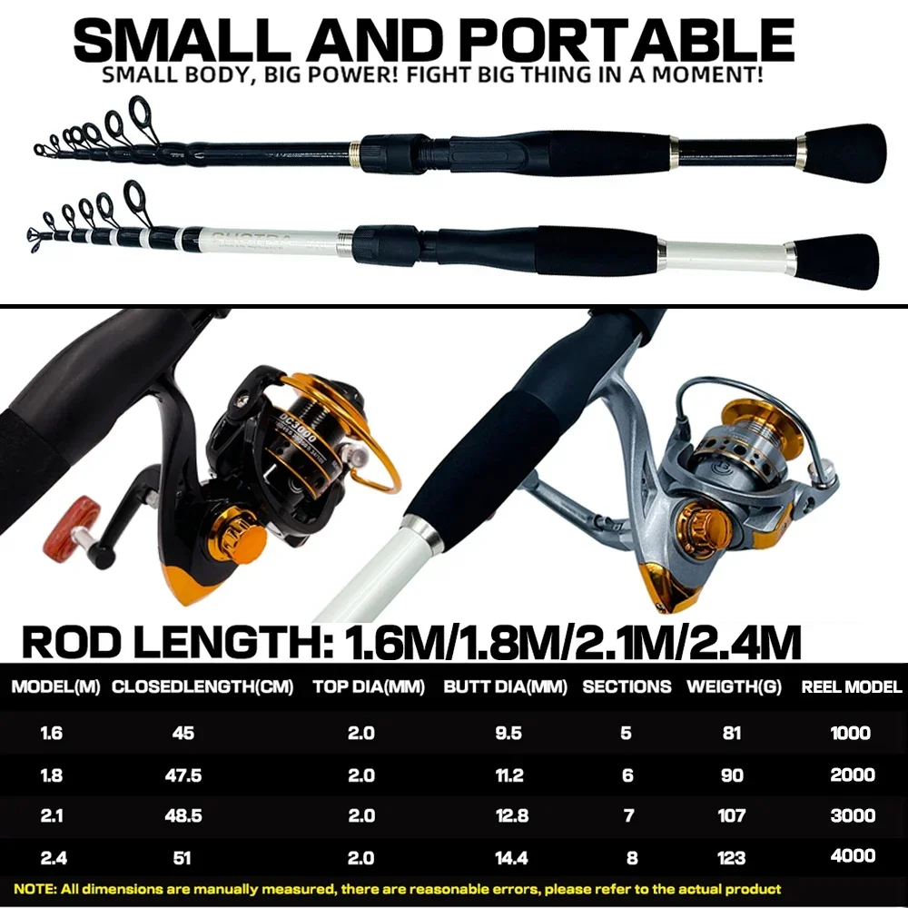 GHOTDA Ultra-light Telescopic Lure Rod 1.6 -2.4 M with 5.2:1 High Speed Spinning Metal Fishing Reel 1000-4000 Series Group
