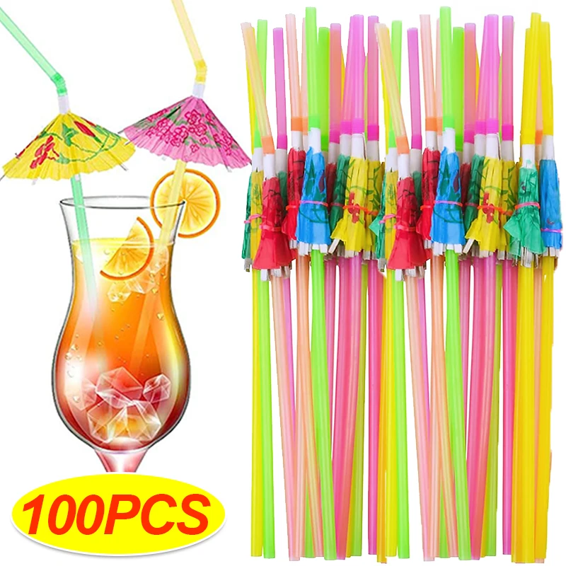 10-100pcs Tropical Umbrella Straws Mix Color Disposable Plastic Drinking Straw For Cocktail Juice Hawaii Beach Party Decoration disposable plastic straws