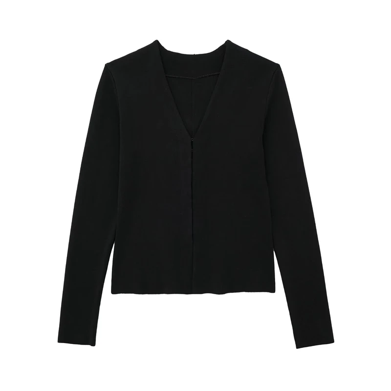 

2023 Women's Autumn New V-neck Long-sleeved Simple All-match Black Sweater Casual Fashion Knitted Jacket
