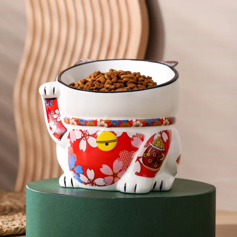 Pet Supplies Ceramic Cat Bowl Food Basin Tall Cat Bowl Oblique Japanese Style Wind Cute