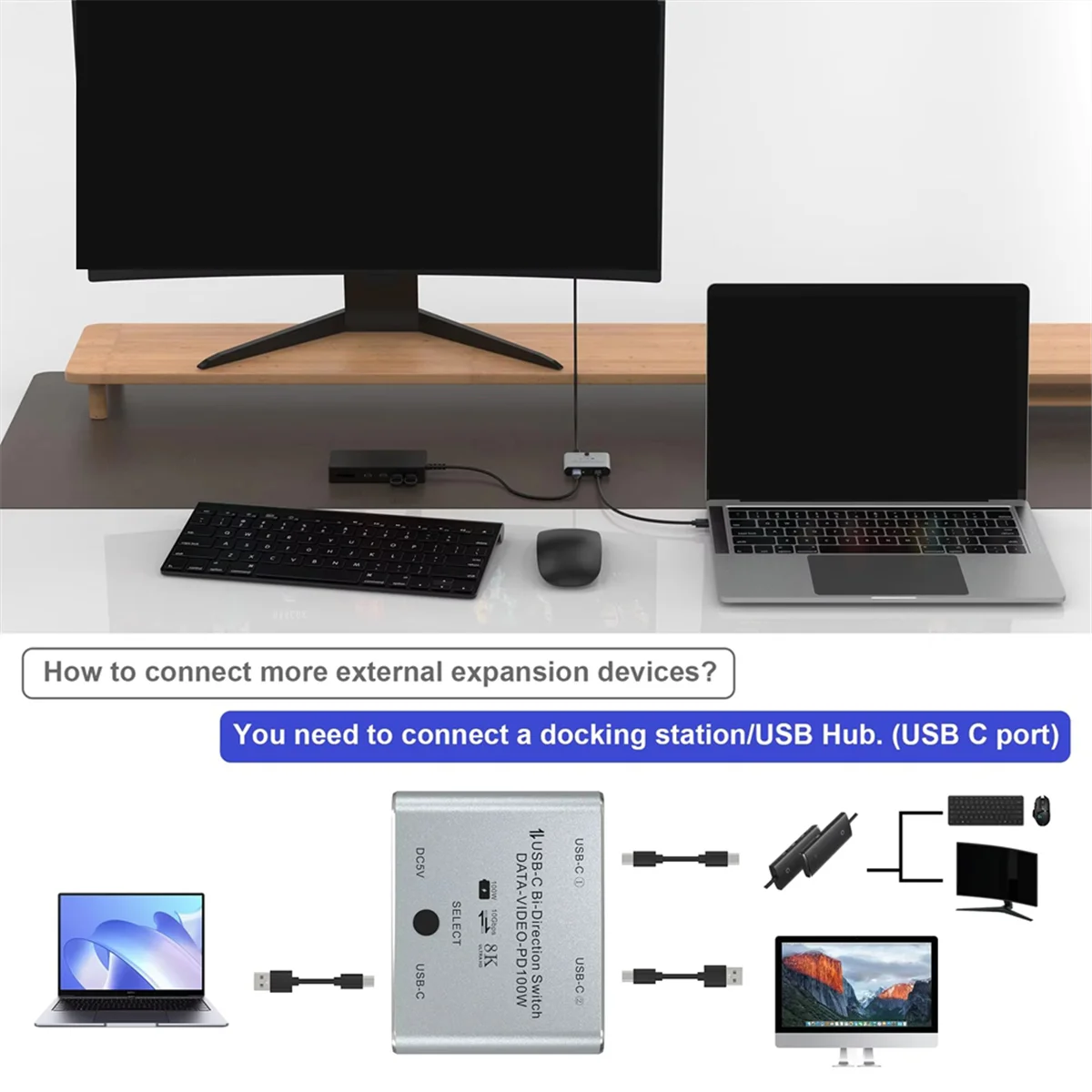 SWXF 양방향 USB C KVM 스위치 분배기 8K@60Hz/4K@144Hz 비디오 전송+100W 충전+10Gbps 데이터