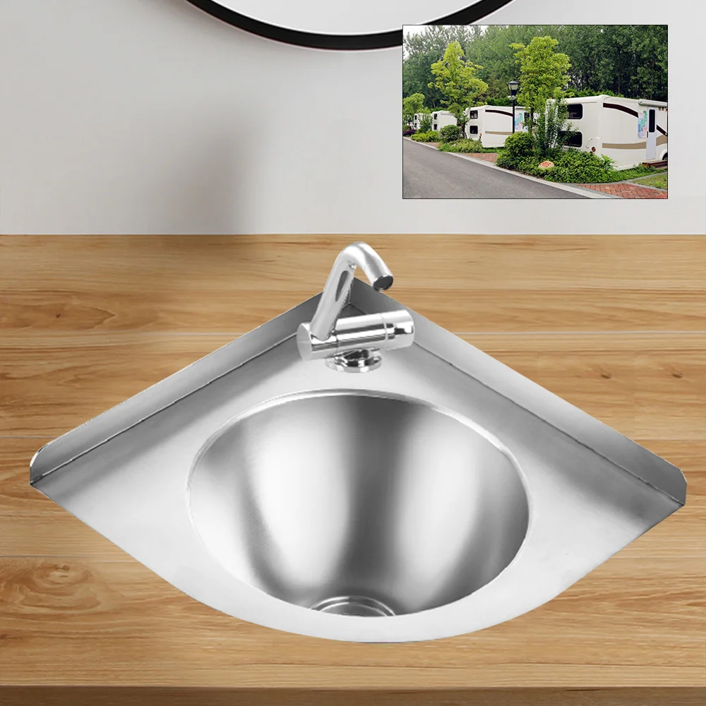 Wall Mount Corner Sink Triangular Stainless Steel Sink with Faucet Easy to Install Bathroom Vanity Vessel Sink for RV, Home