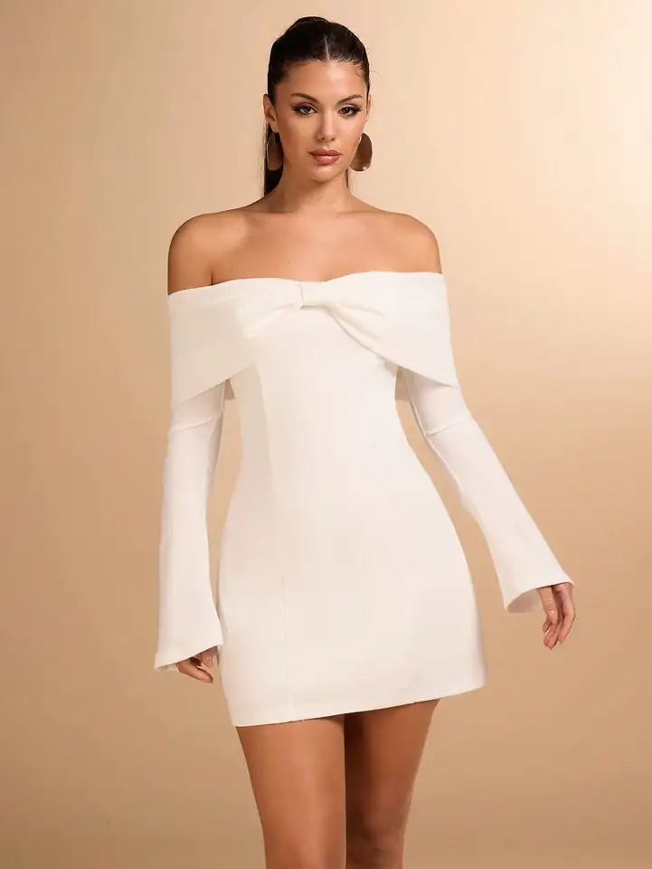 White Off Shoulder Long Sleeve Mini Dress