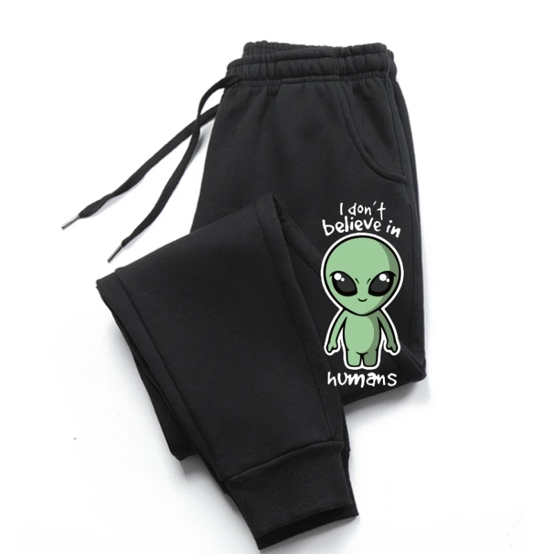 

Men trousers Cute I Don't Believe In Humans Black Cotton sweatpants Cartoon Fashion Pattern Area 51 Men trousers EU Size