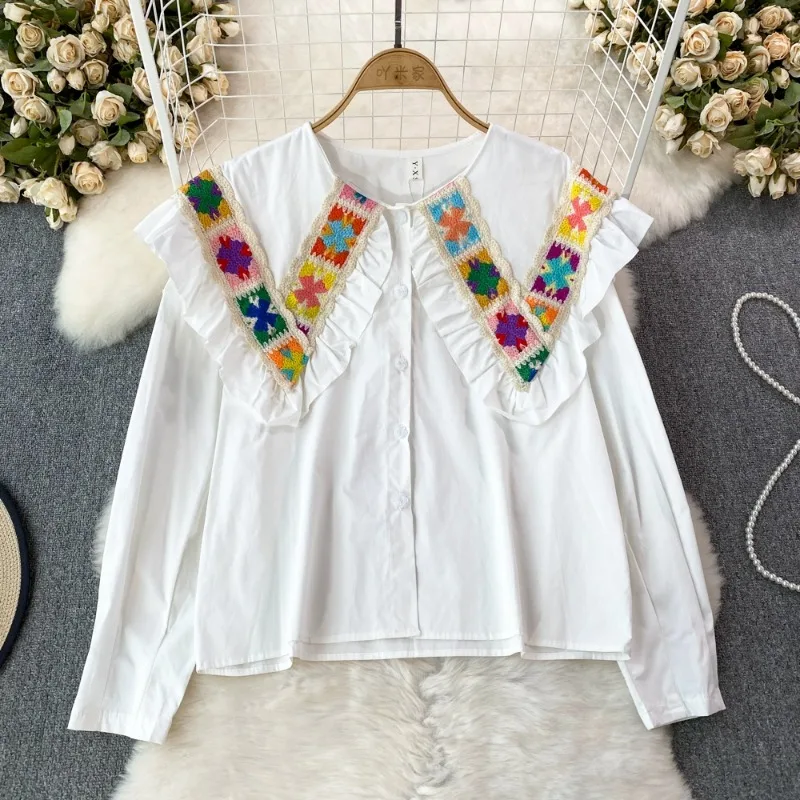 

Korean Fashion Age Reducing Blouses Peter Pan Collar Embroidery Sweet Loose Shirts Vintage Single-breasted High Street Blusas