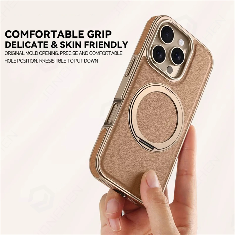 Retro Leather Magnetic Kickstand Cover with 360° Metal Bracelet Holder and Soft Bumper