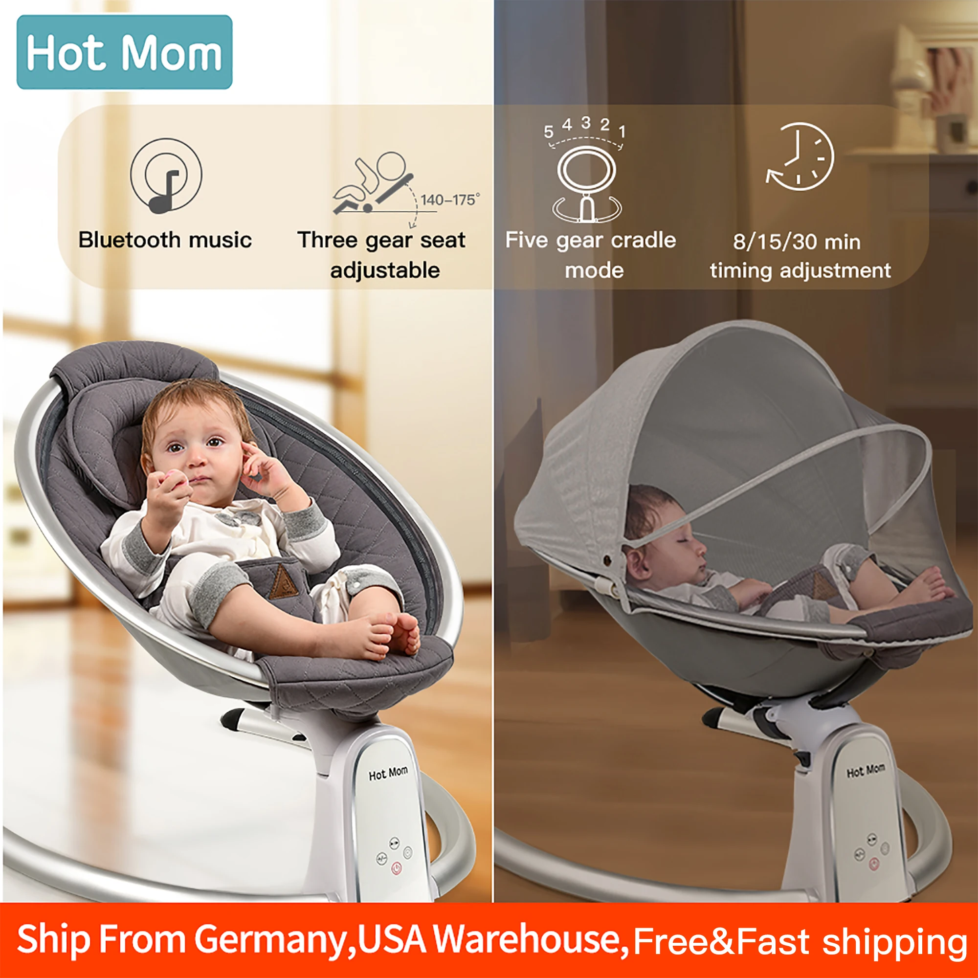 Electric Baby Bouncers with Bluetooth and Five Gear Swing,Hot Mom