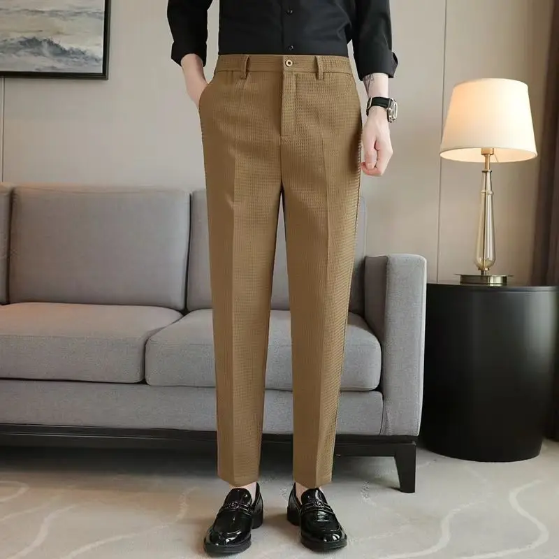 스마트 캐주얼 남성 단색 세트 바지, 용수철 여름 얇은 스트리트웨어 패션, 와플 비즈니스, 커피 카키 스트레이트 바지, 신제품