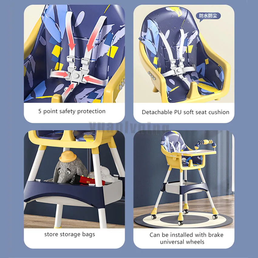 Baby Eating Chair Multi-functional Height & Low Adjustable Foldable Reclining Kids' Dinning Chair Baby Feeding with Wheels