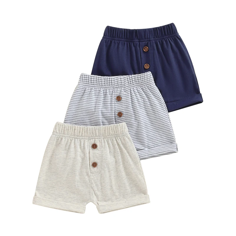 Kids Toddler Boy Summer Shorts Elastic Band Solid Color Striped Casual Button Shorts