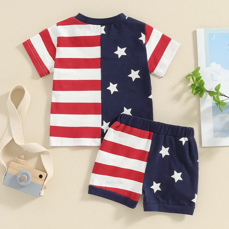 

4th Of July Todder Boy Outfit Baby 2 Piece Summer Clothes Short Sleeve Crewneck Letter US Flag T-shirt Shorts Set