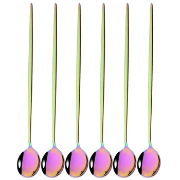 6Pcs Colorful Tea Spoons Dinnerware Coffee Juice Stirring Spoon Cutlery Set Ice Cream Long Handle Scoop Tableware Kitchen Tools