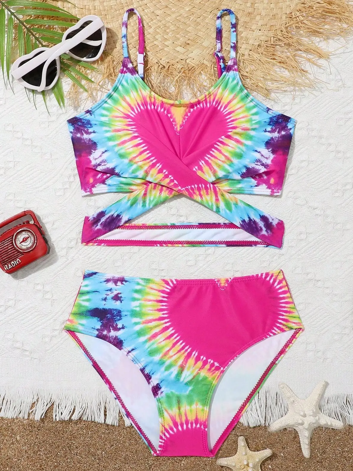 Ragazze Due Pezzi Tie Dye Cuore Stampa Bikini Bambini Cross Wrap Vita Alta Costume Da Bagno 7-12 Anni Costume Da Bagno Per Bambini Adolescenti Rosa