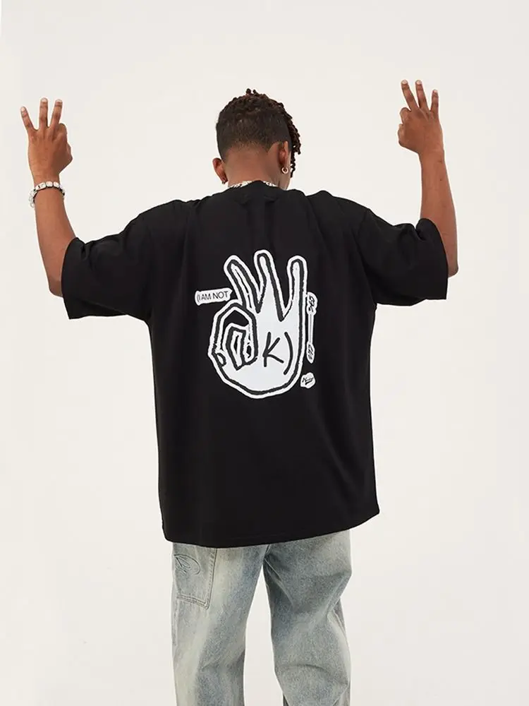 

American ins national trend gesture ok printing street loose slimming versatile printed short-sleeved T-shirt for men and women