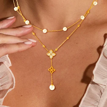Pearl four-leaf clover pendant with zirconia luxury and elegant style women's fashion double-layered necklace for daily wear