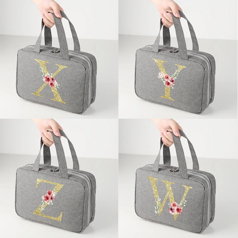 Golden letter printed travel waterproof foldable dry wet separation wash bag with large capacity cosmetic storage bag