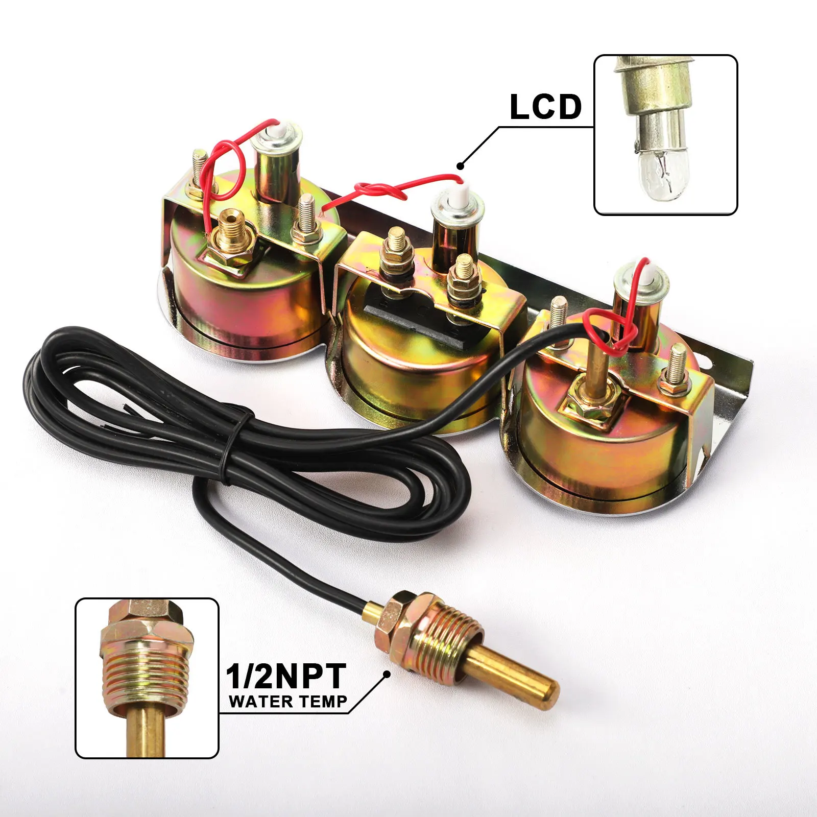 52mm Triple Gauge Set Oil Pressure Water Temp Amp Meter 6