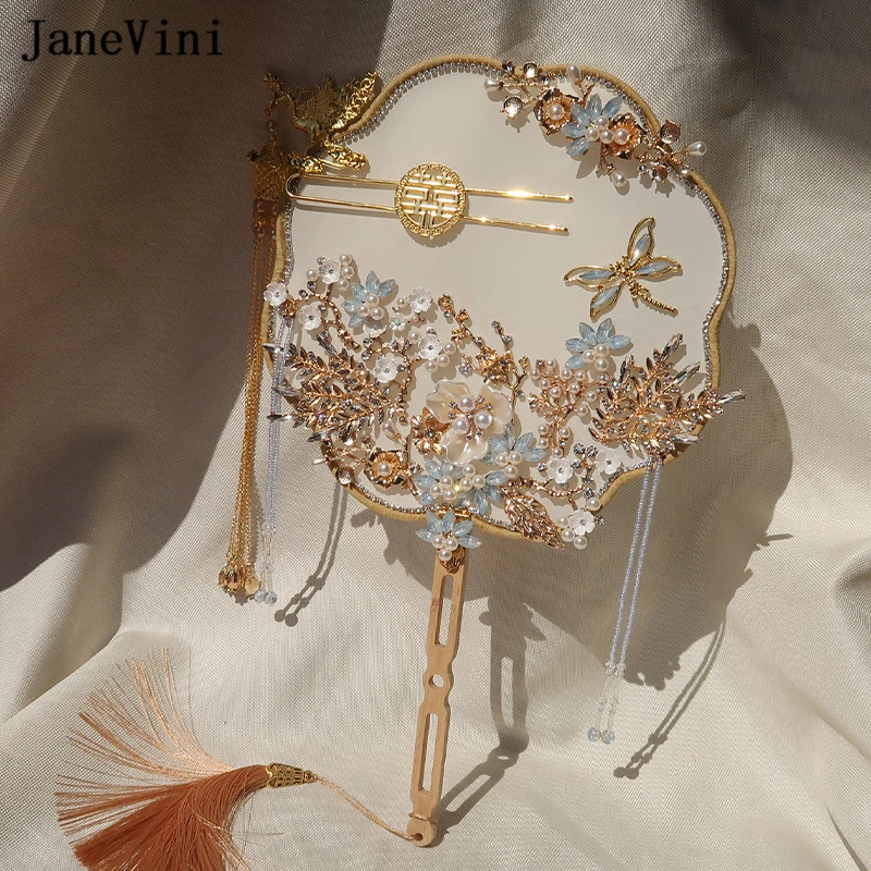 

JaneVini Luxury Gold Phoenix Bridal Bouquets Fan Handmade Flowers Blue Crystal Butterfly Fan Chinese Wedding Jewelry Accessories