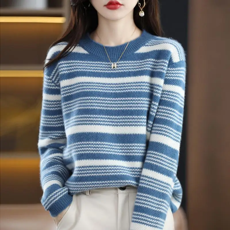 

2023 Blue Tee Loose Woman T-shirt Striped Top for Women Offer Free Shipping Clothing Original Korea Stylish Tshirt Causal Alt O