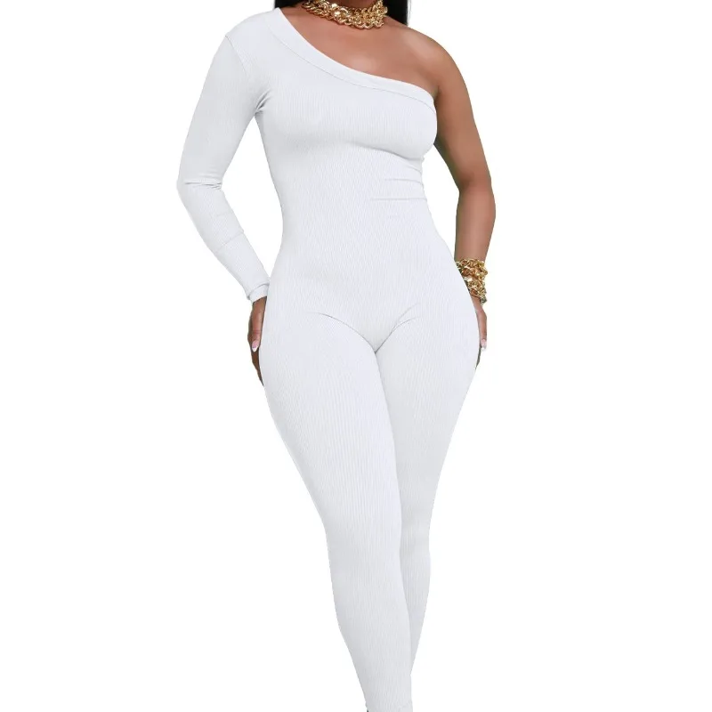 2023 Spring and Autumn Women's Diagonal Shoulder Solid Backless Elastic Bodycon Slim Fit Sexy England Style Fashion Jumpsuit