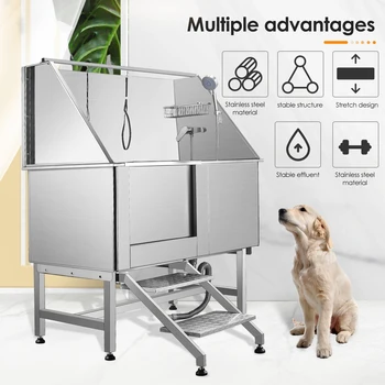 50 Inches Professional Stainless Steel Pet Dog Grooming Bath Tub Station Wash Shower Sink with Faucet Walk in Ramp Accessories 3
