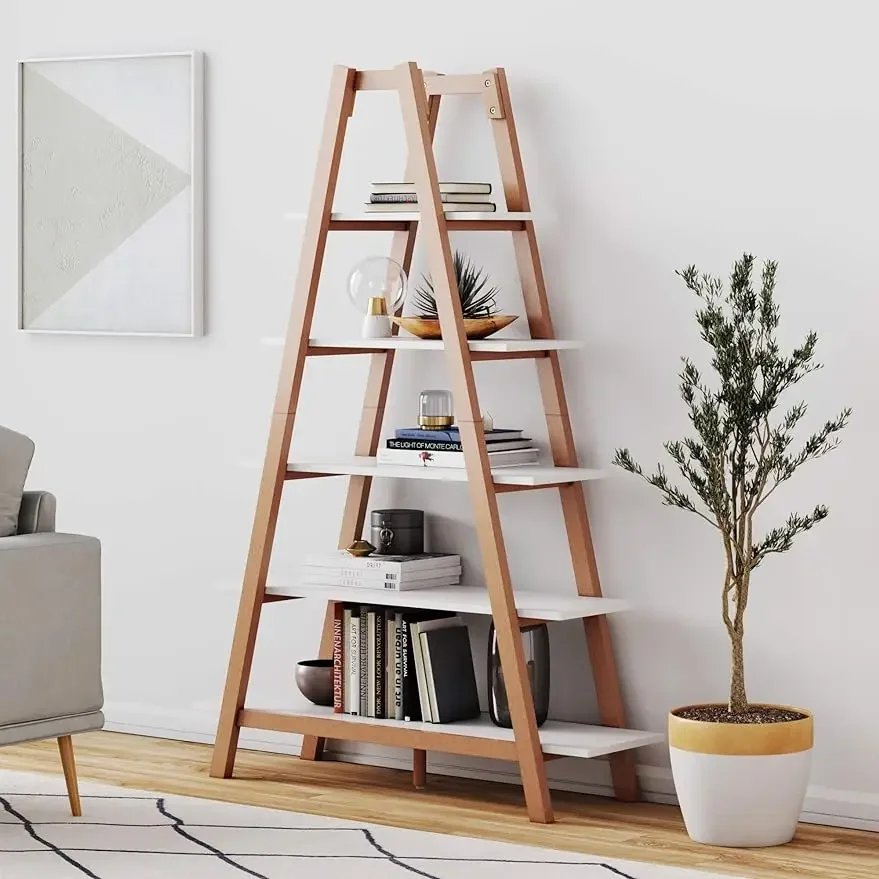 

5-Shelf Ladder Bookcase, Display or Decorative Storage Rack with White and Rove Brown Wooden Ladder Shelves
