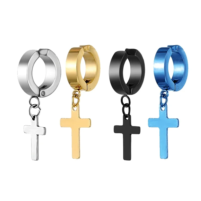 Stainless Steel Earrings 2 Pcs Clip On Non Piercing For Women Men Black Gold Color Cross Gothic Punk Rock Drop Pendiente Jewelry
