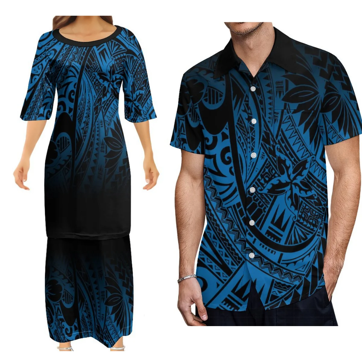 

Island Couple Set Women'S Dress Puletasi Women'S Dress With Men'S Blue Aloha Shirt Polynesian Tribal Print