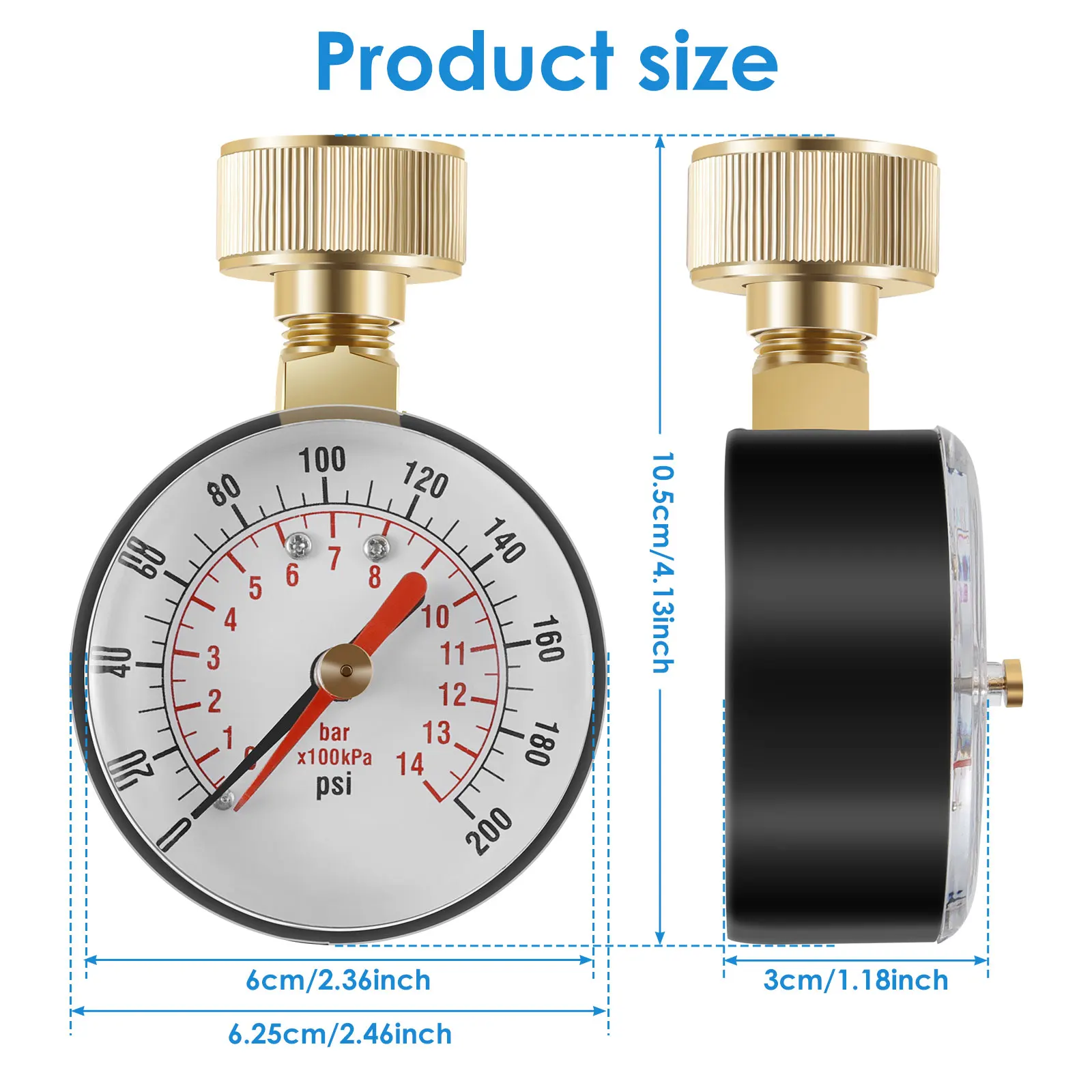 Pressure Gauge Water Pressure Test Gauge TS-60-200 PSI Water Pump for Hose Faucet Garden Hose Fluid Pressure Gauge