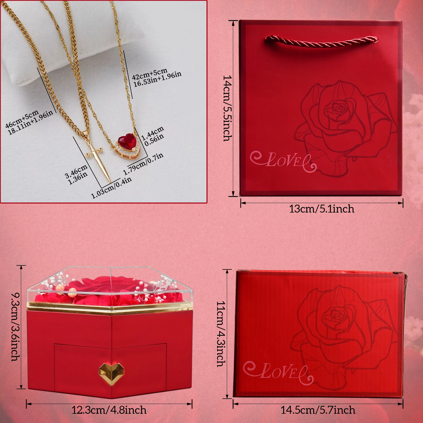 Collana Cuore Con Rosa In Argento Rosato Per Donna, Gioiello Sentimentale Per Compleanno, Anniversario, San Valentino
