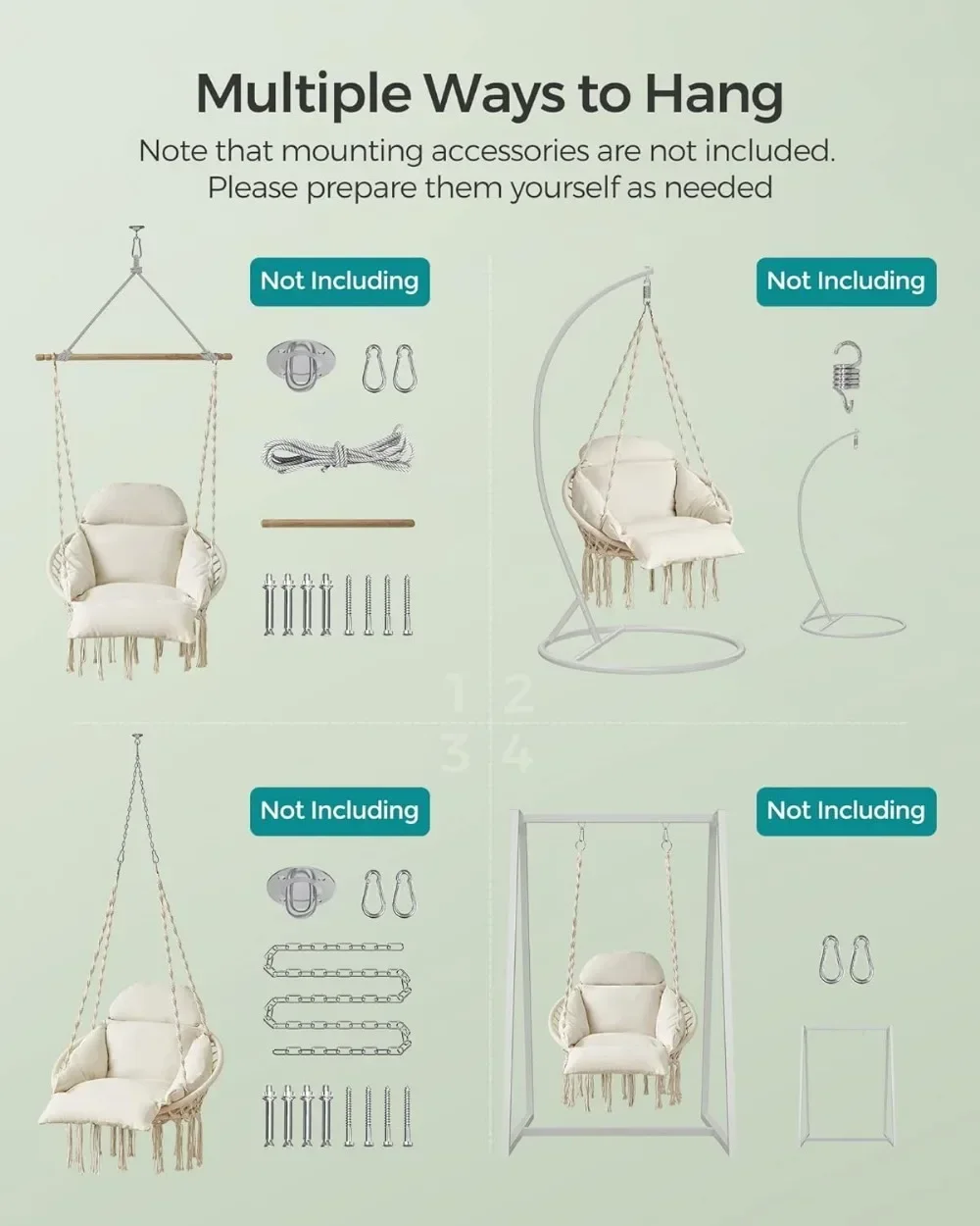 Hanging Chair, Hammock Chair with Large, Thick Cushion, Chair for Bedroom, Patio, Balcony, Garden, Living Room 3
