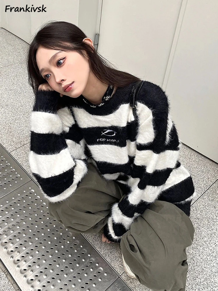 

Striped Sweaters Women Winter Streetwear Schoolgirls Simple Contrast Color Soft Cozy Prevalent Knitwear Temperament Stretchy