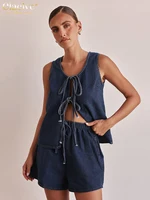 Clacive Summer Loose Blue Denim 2 Piece Sets Women Outfit 2025 Fashion Sleeveless Tank Top With High Waist Shorts Set Streetwear - Image 3