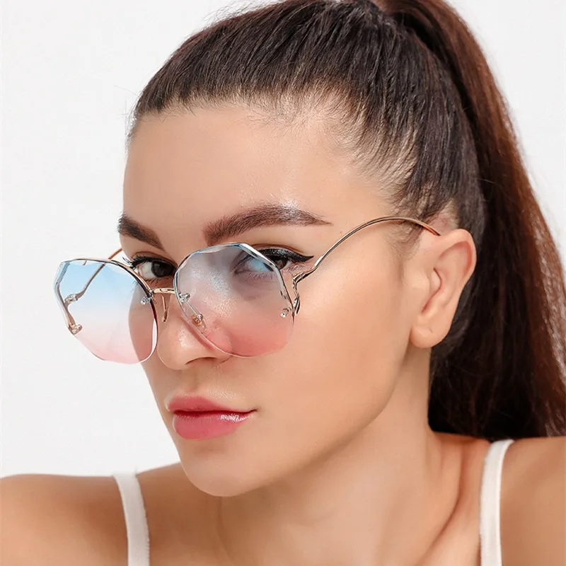 

Rimless Sunglasses Polygon Fashion Popular Women Men Shades Big Frame Round Sun Glasses for Female Oculos Gradient Glasses